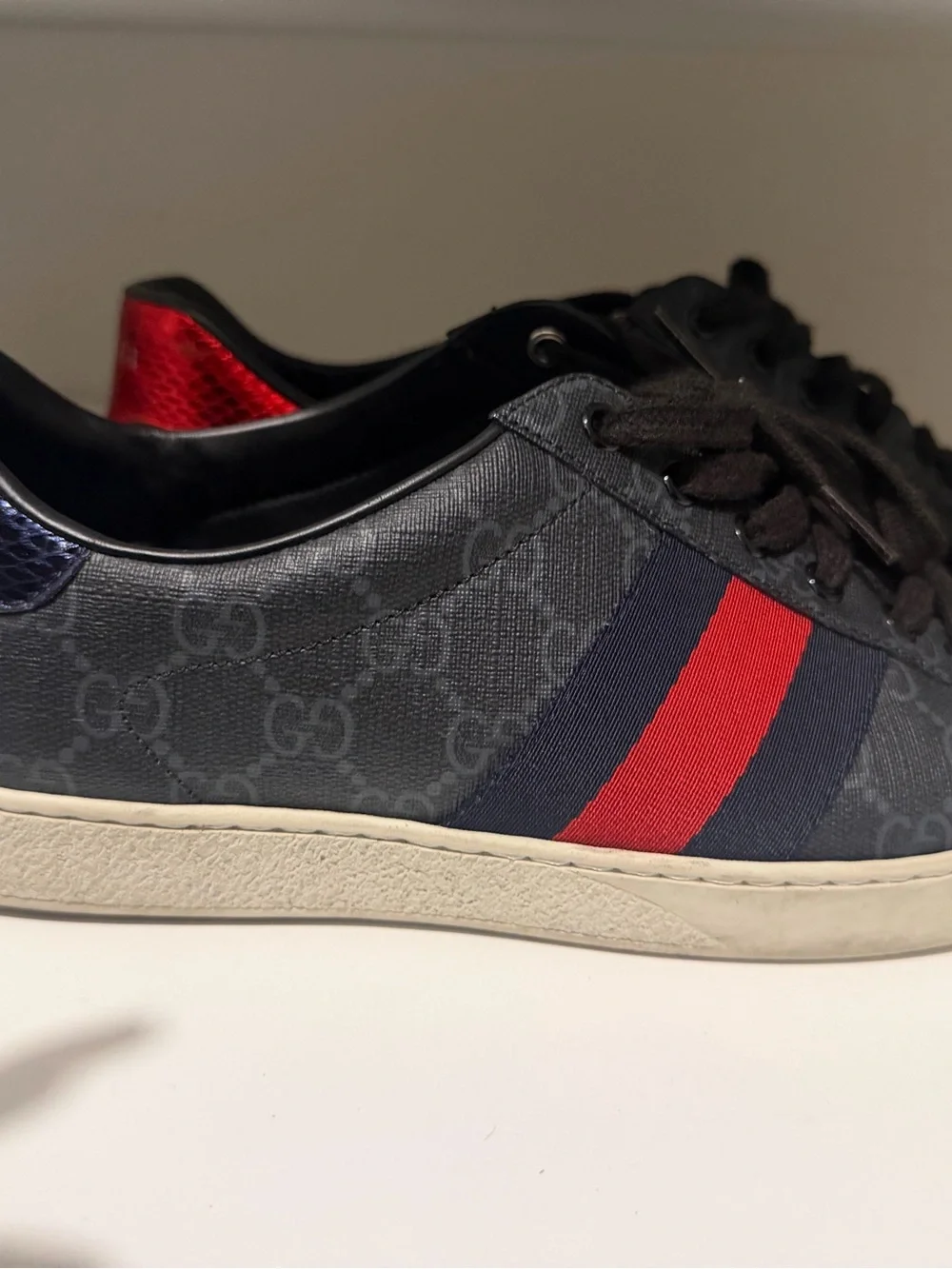 Gucci Black Sneakers with Red & Blue Web Stripe